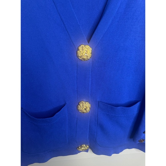 MICAS Royal Blue Knit Cardigan Sweater Gold Button Pockets Women's Size Large - Picture 2 of 8